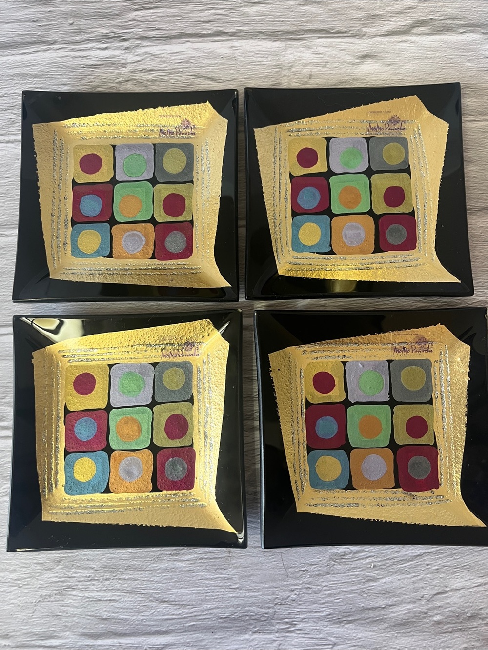MoMo Panache Abstract Colorful Geometric Inlay Square Glass Plates - Picture 6 of 11